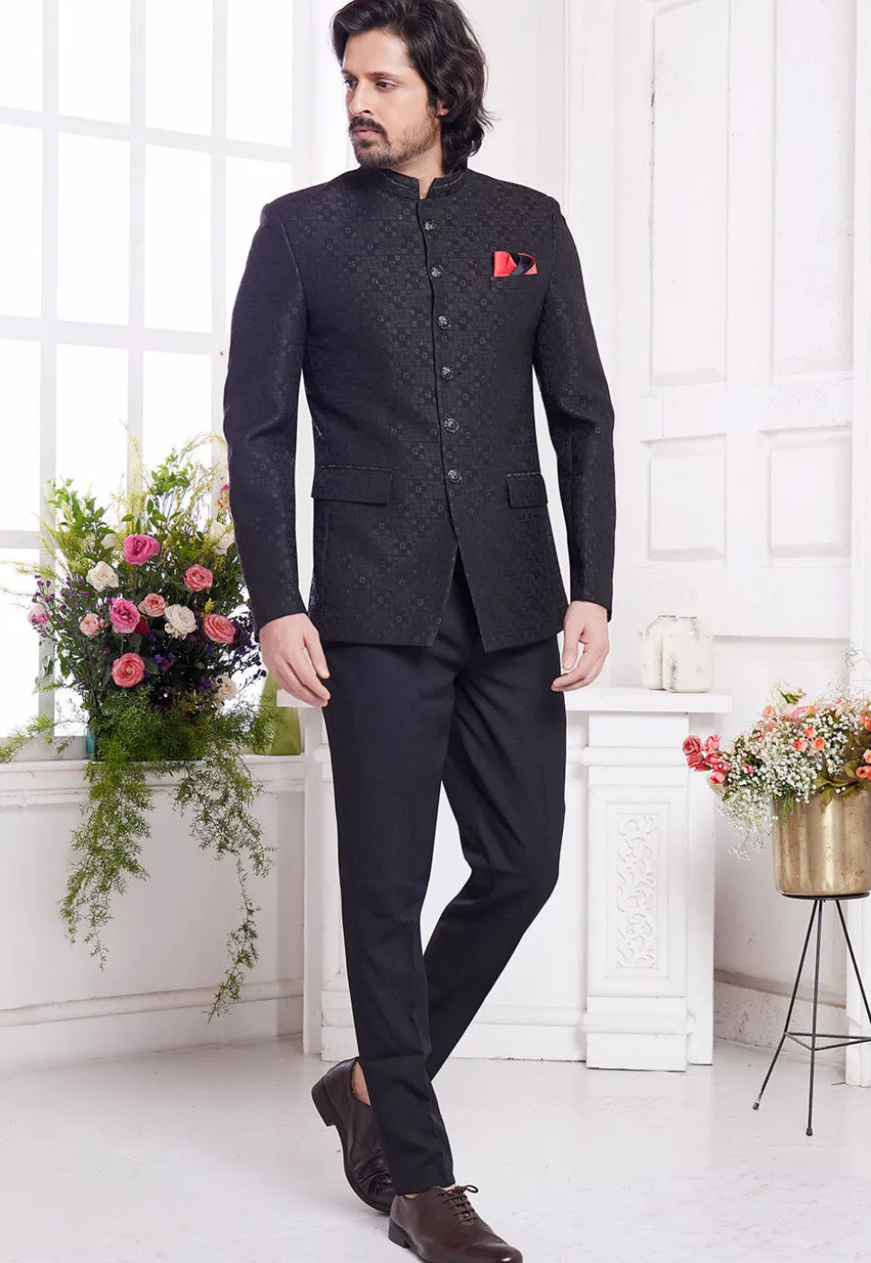Hand Embroidered Art Silk Jacquard Jodhpuri Jacket in Black