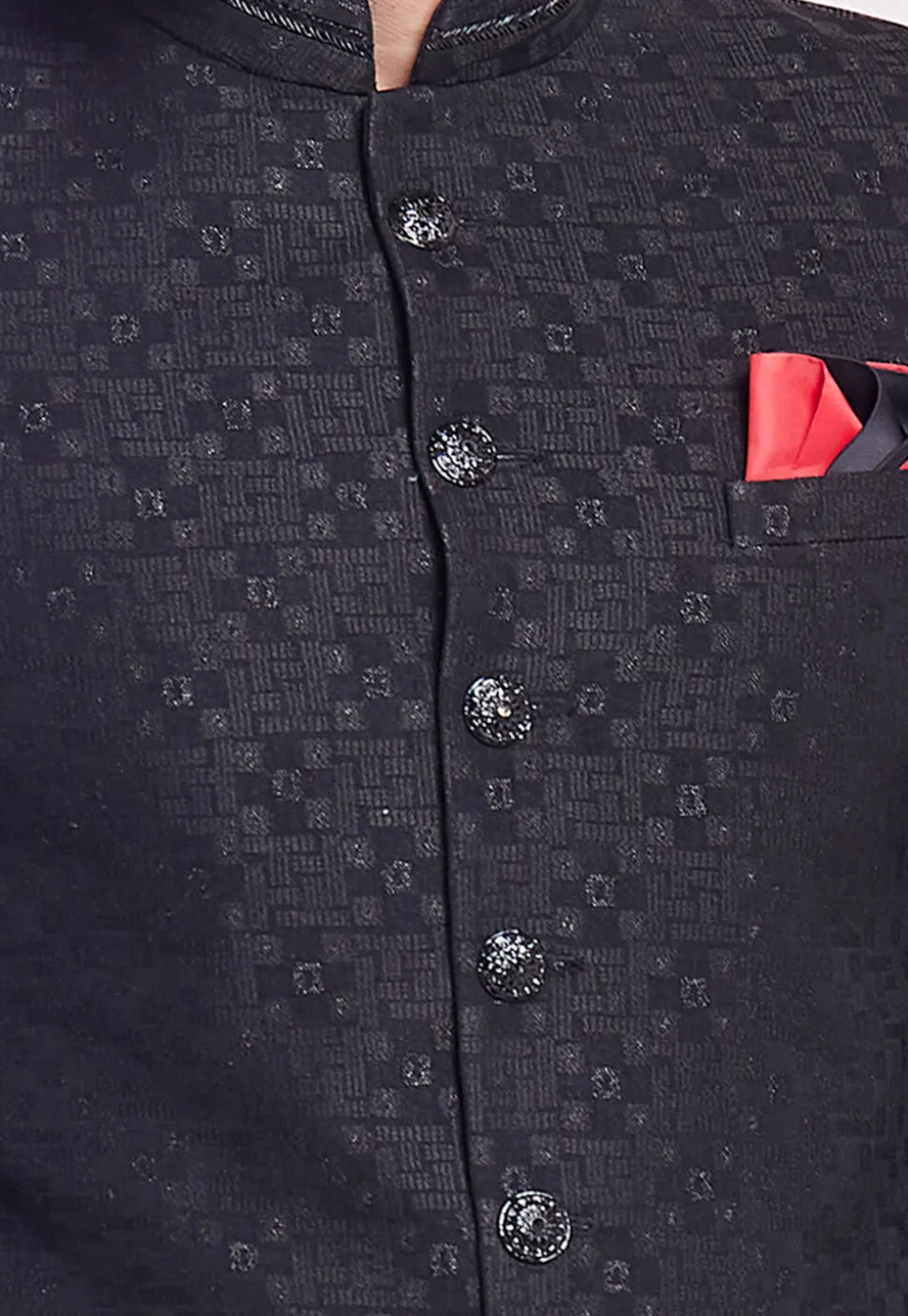 Hand Embroidered Art Silk Jacquard Jodhpuri Jacket in Black