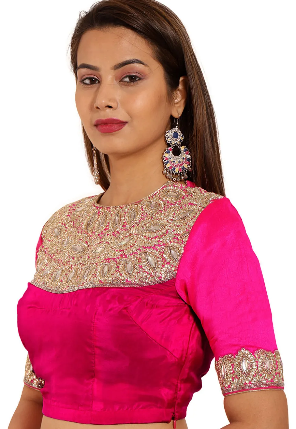 Hand Embroidered Art Silk Blouse in Fuchsia