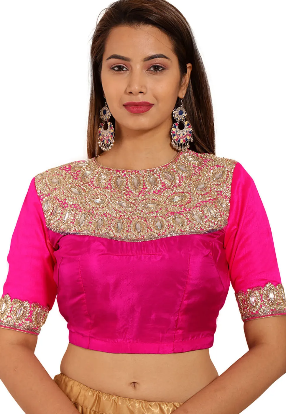 Hand Embroidered Art Silk Blouse in Fuchsia