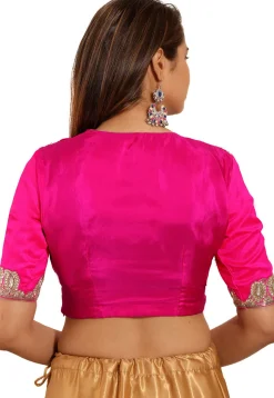 Hand Embroidered Art Silk Blouse in Fuchsia