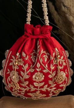 Hand Embroidered Art Silk Potli Bag in Red