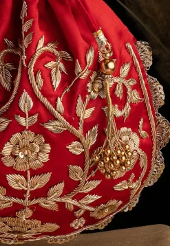 Hand Embroidered Art Silk Potli Bag in Red