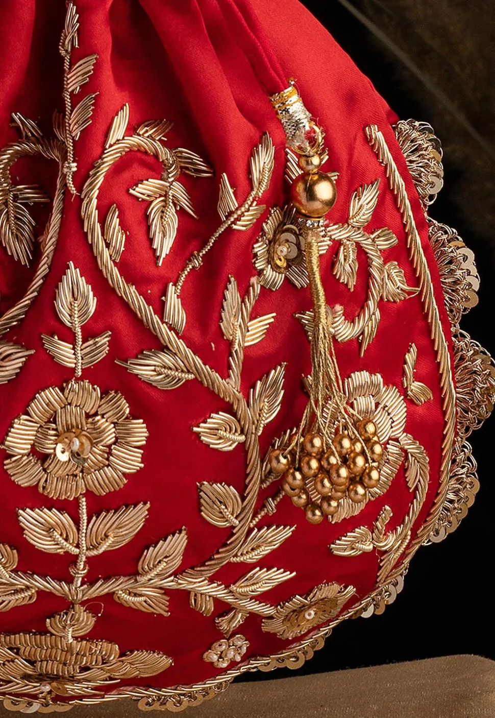 Hand Embroidered Art Silk Potli Bag in Red