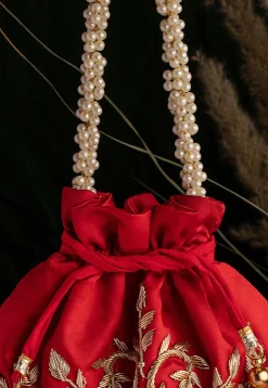 Hand Embroidered Art Silk Potli Bag in Red