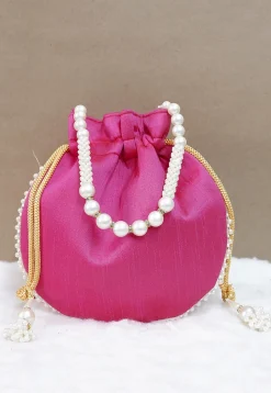 Hand Embroidered Art Silk Potli Bag in Pink