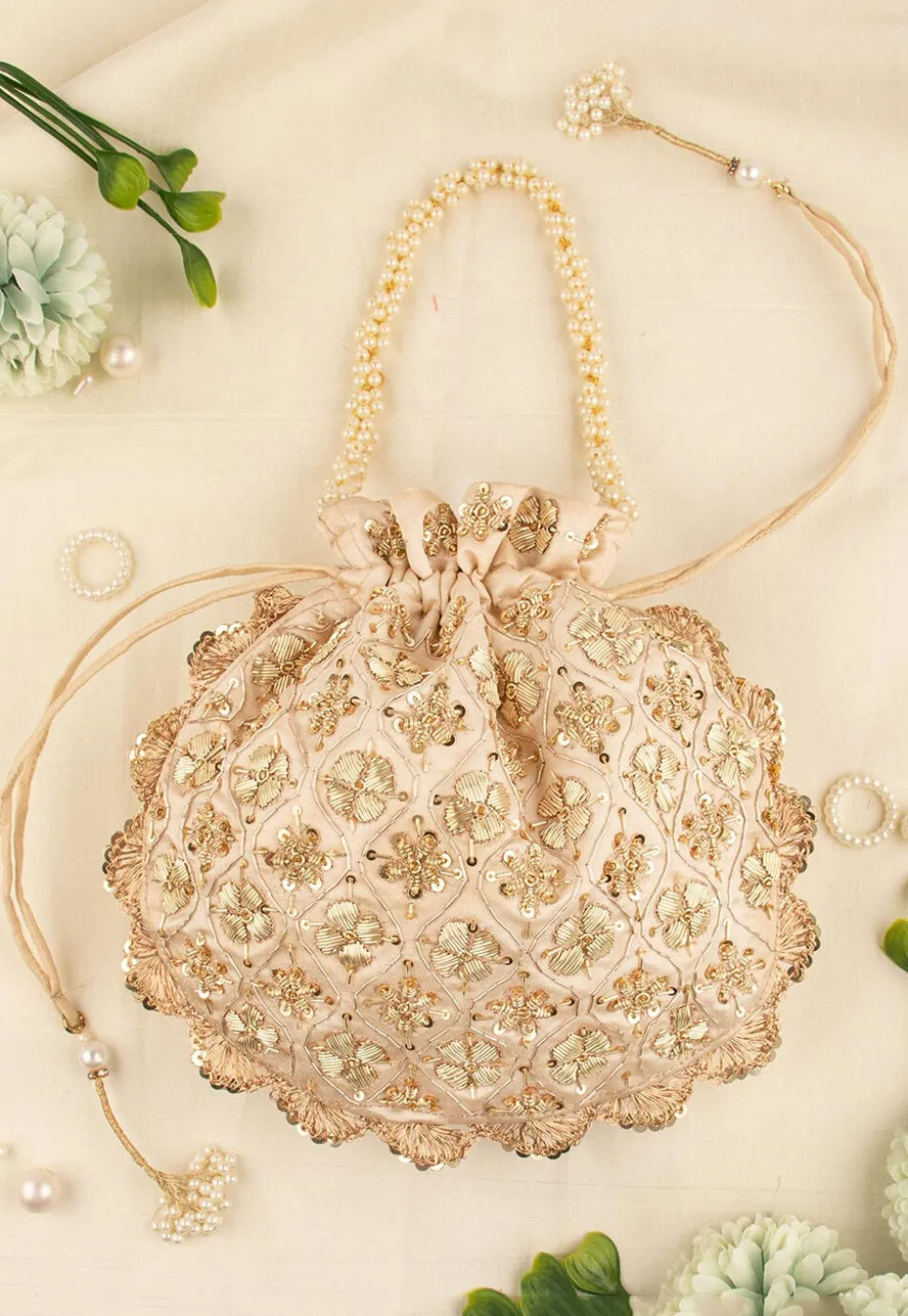 Hand Embroidered Art Silk Potli Bag in Beige
