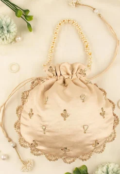 Hand Embroidered Art Silk Potli Bag in Beige