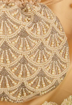Hand Embroidered Art Silk Potli Bag in Beige