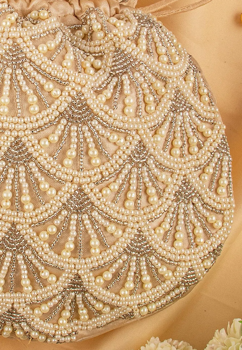 Hand Embroidered Art Silk Potli Bag in Beige