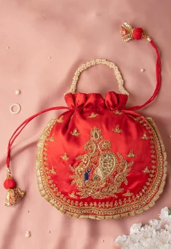 Hand Embroidered Art Silk Potli Bag in Red