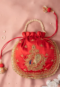Hand Embroidered Art Silk Potli Bag in Red