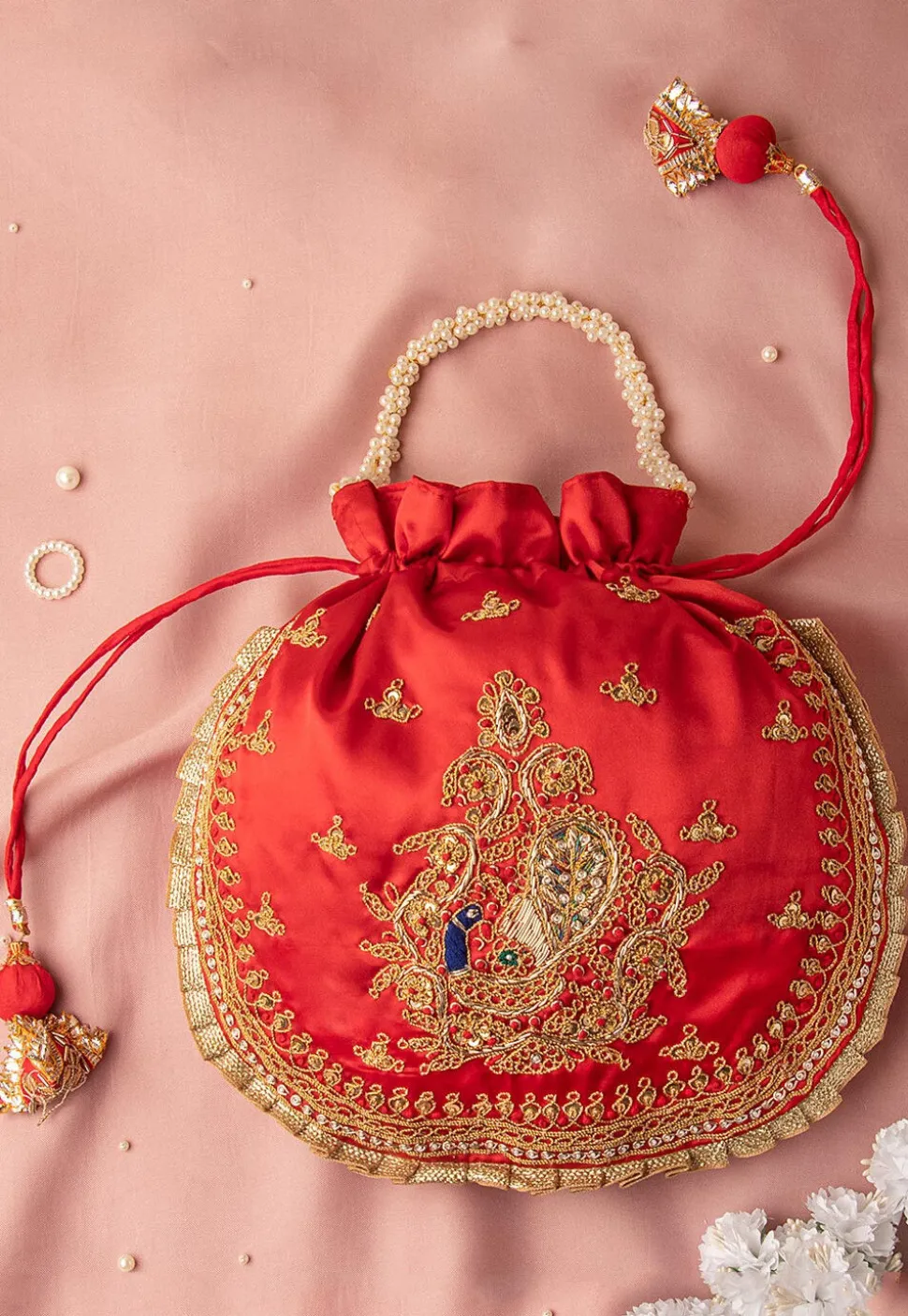 Hand Embroidered Art Silk Potli Bag in Red