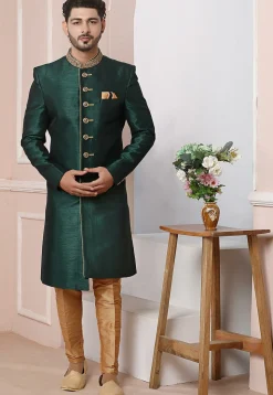 Hand Embroidered Art Silk High Low Sherwani in Dark Green