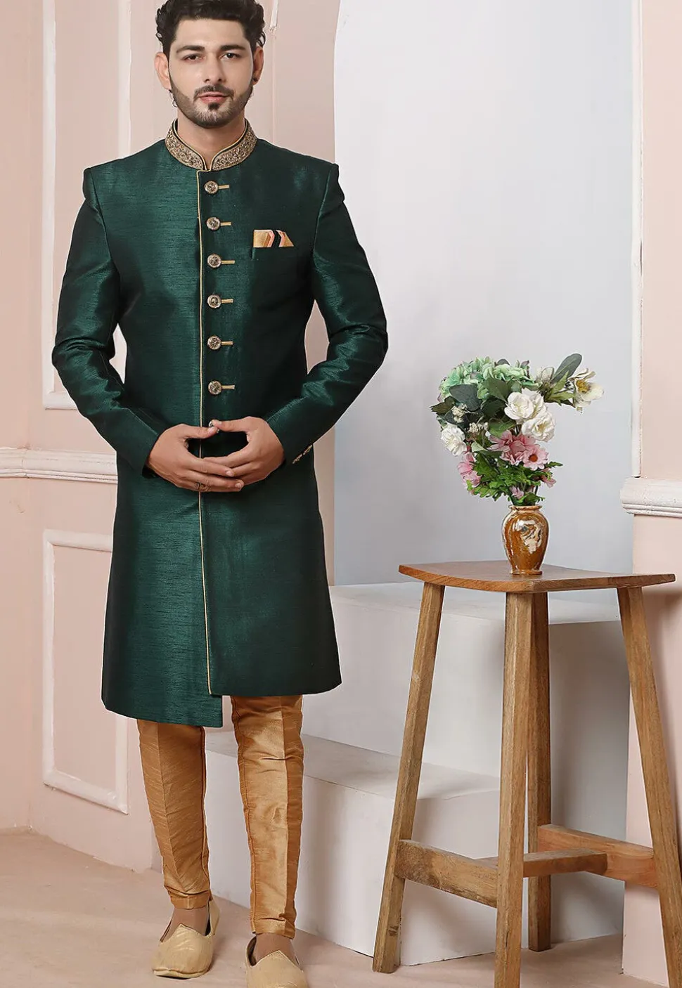 Hand Embroidered Art Silk High Low Sherwani in Dark Green
