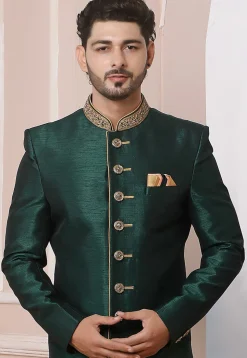 Hand Embroidered Art Silk High Low Sherwani in Dark Green