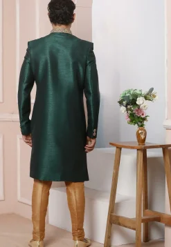 Hand Embroidered Art Silk High Low Sherwani in Dark Green