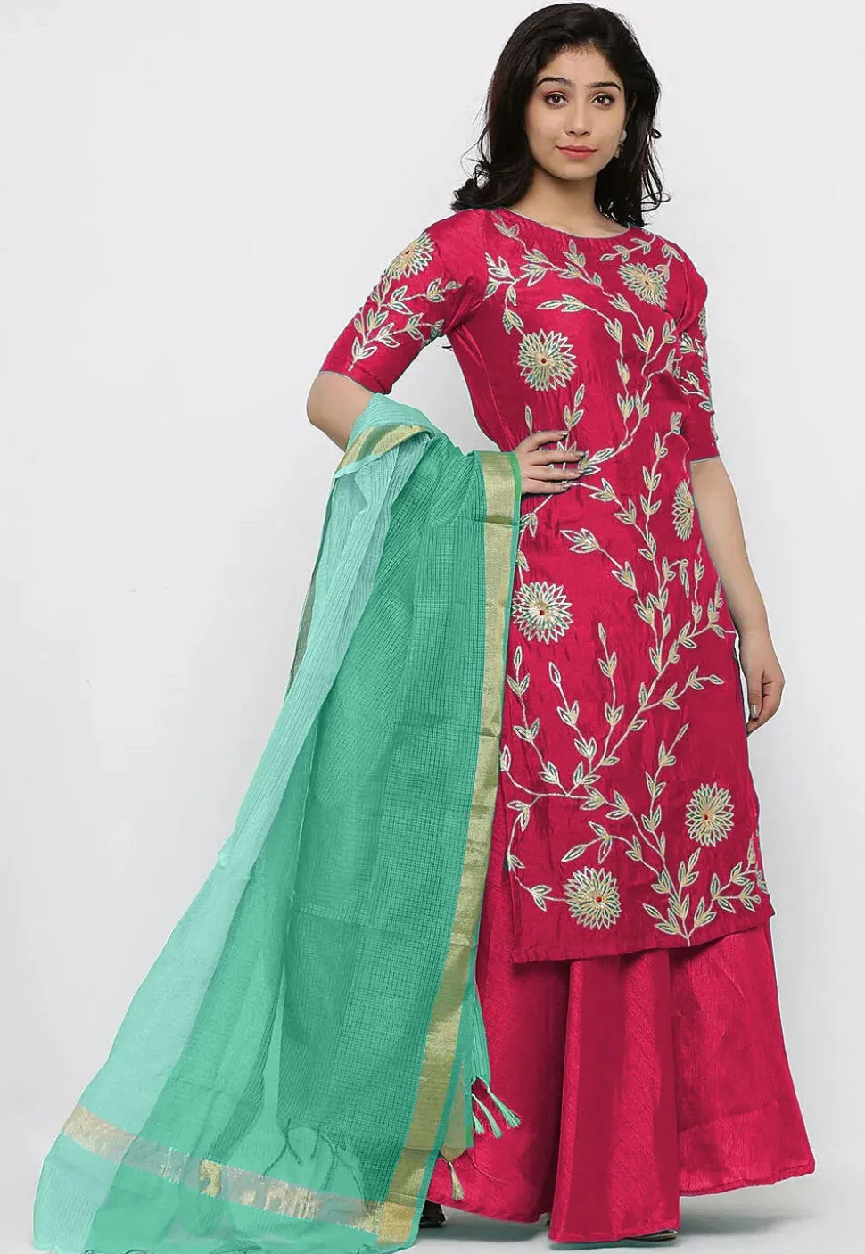 Hand Embroidered Art Silk Lehenga in Fuchsia