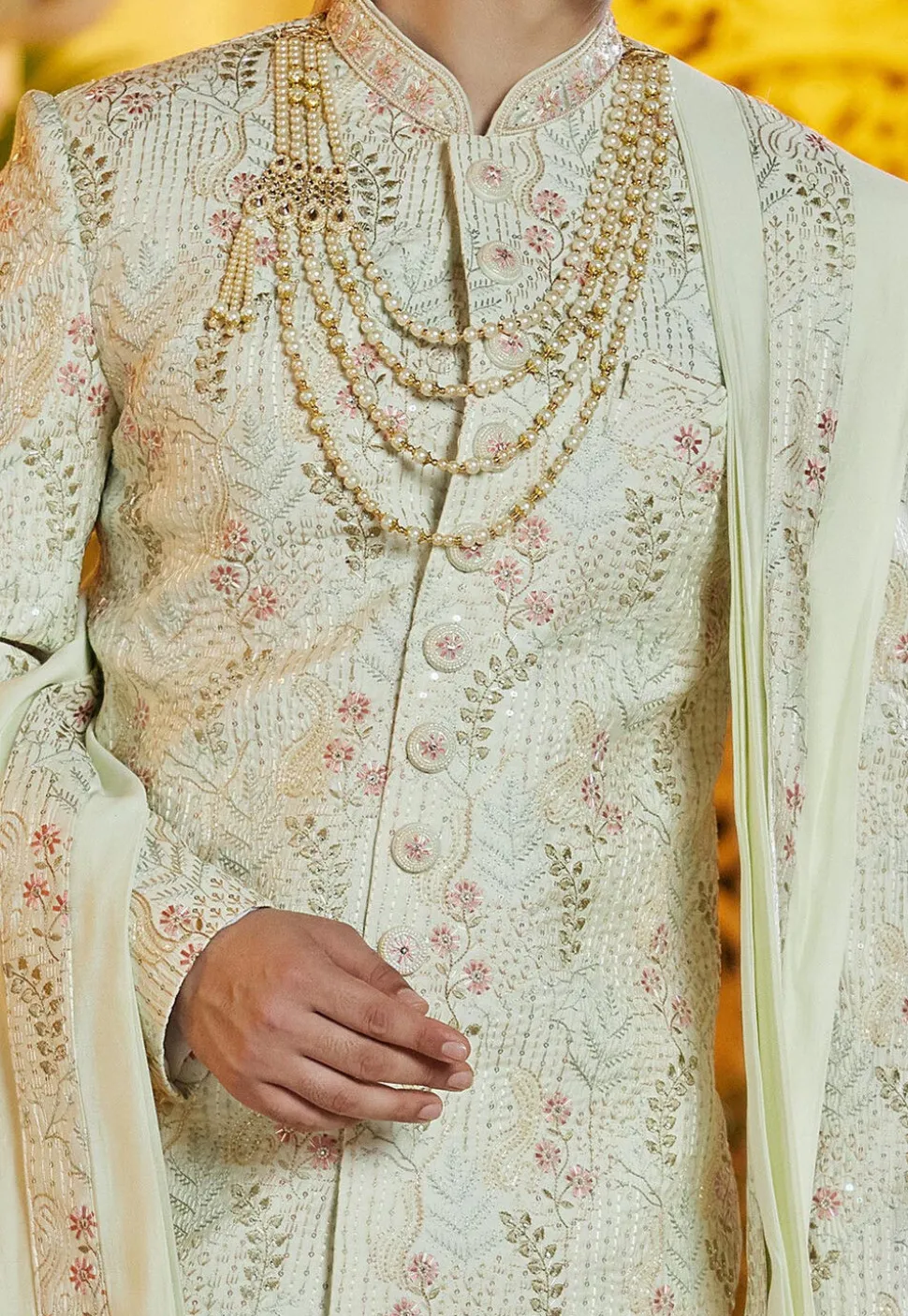Hand Embroidered Art Silk Sherwani in Pastel Green