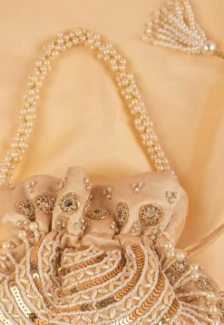 Hand Embroidered Art Silk Potli Bag in Beige