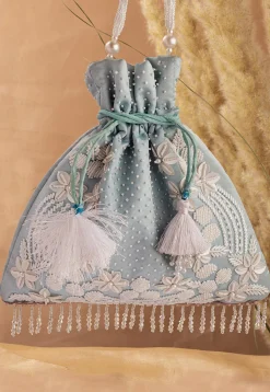 Hand Embroidered Art Silk Potli Bag in Pastel Blue