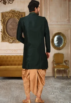 Hand Embroidered Art Silk Dhoti Kurta in Dark Green