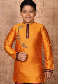 Hand Embroidered Art Silk Kurta Set in Mustard