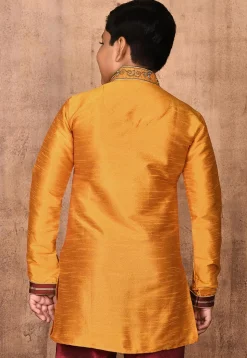 Hand Embroidered Art Silk Kurta Set in Mustard