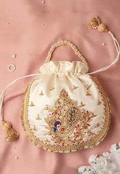 Hand Embroidered Art Silk Potli Bag in Off White
