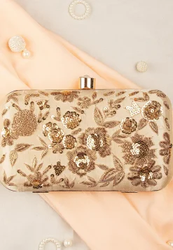 Hand Embroidered Art Silk Clutch Bag in Beige