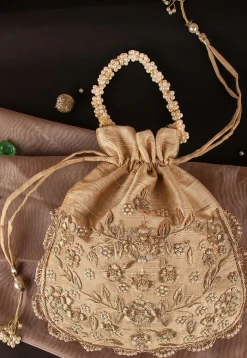 Hand Embroidered Art Silk Potli Bag in Beige