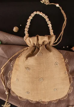 Hand Embroidered Art Silk Potli Bag in Beige