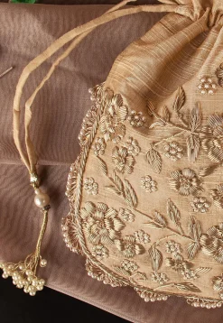 Hand Embroidered Art Silk Potli Bag in Beige