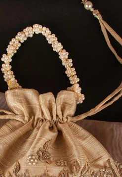 Hand Embroidered Art Silk Potli Bag in Beige