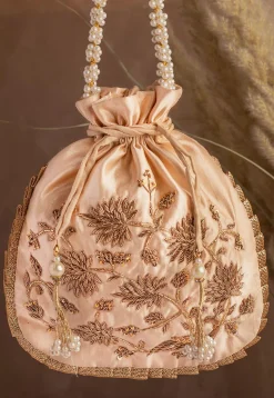 Hand Embroidered Art Silk Potli Bag in Beige