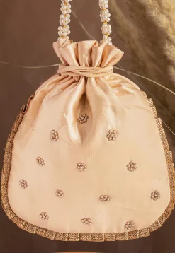 Hand Embroidered Art Silk Potli Bag in Beige
