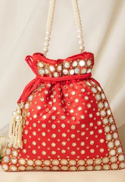 Hand Embroidered Art Silk Potli Bag in Red