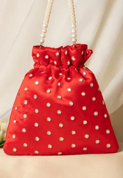 Hand Embroidered Art Silk Potli Bag in Red
