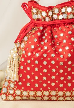 Hand Embroidered Art Silk Potli Bag in Red