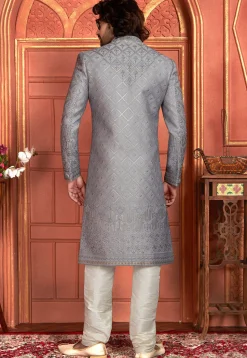 Hand Embroidered Art Silk Sherwani in Grey
