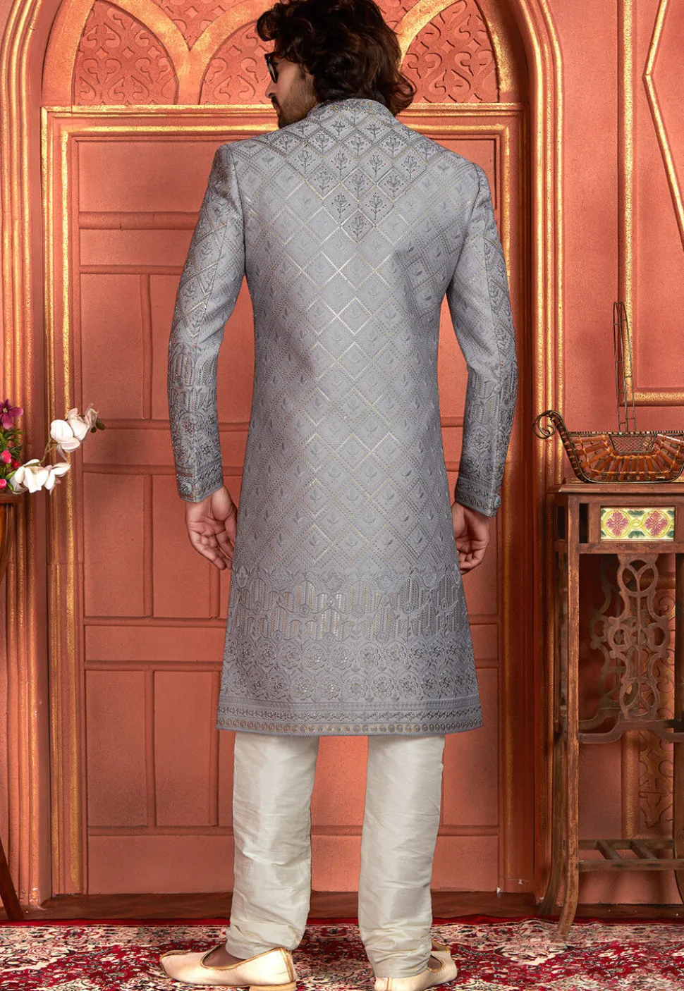 Hand Embroidered Art Silk Sherwani in Grey