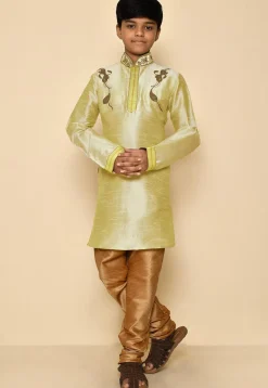 Hand Embroidered Art Silk Kurta in Pastel Green