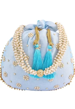 Hand Embroidered Art Silk Potli Bag in Sky Blue