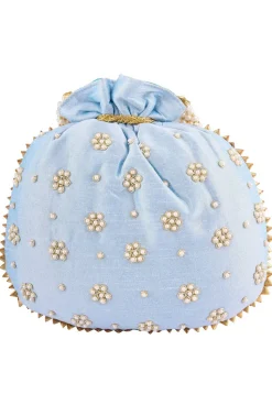 Hand Embroidered Art Silk Potli Bag in Sky Blue