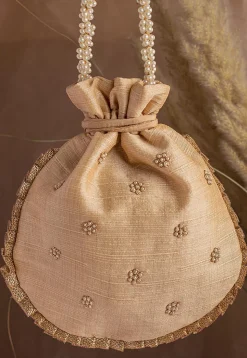 Hand Embroidered Art Silk Potli Bag in Beige