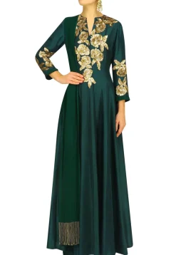 Hand Embroidered Art Silk Abaya Style Suit in Dark Teal Green