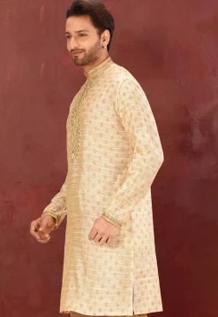 Hand Embroidered Art Silk Jacquard Kurta in Light Beige