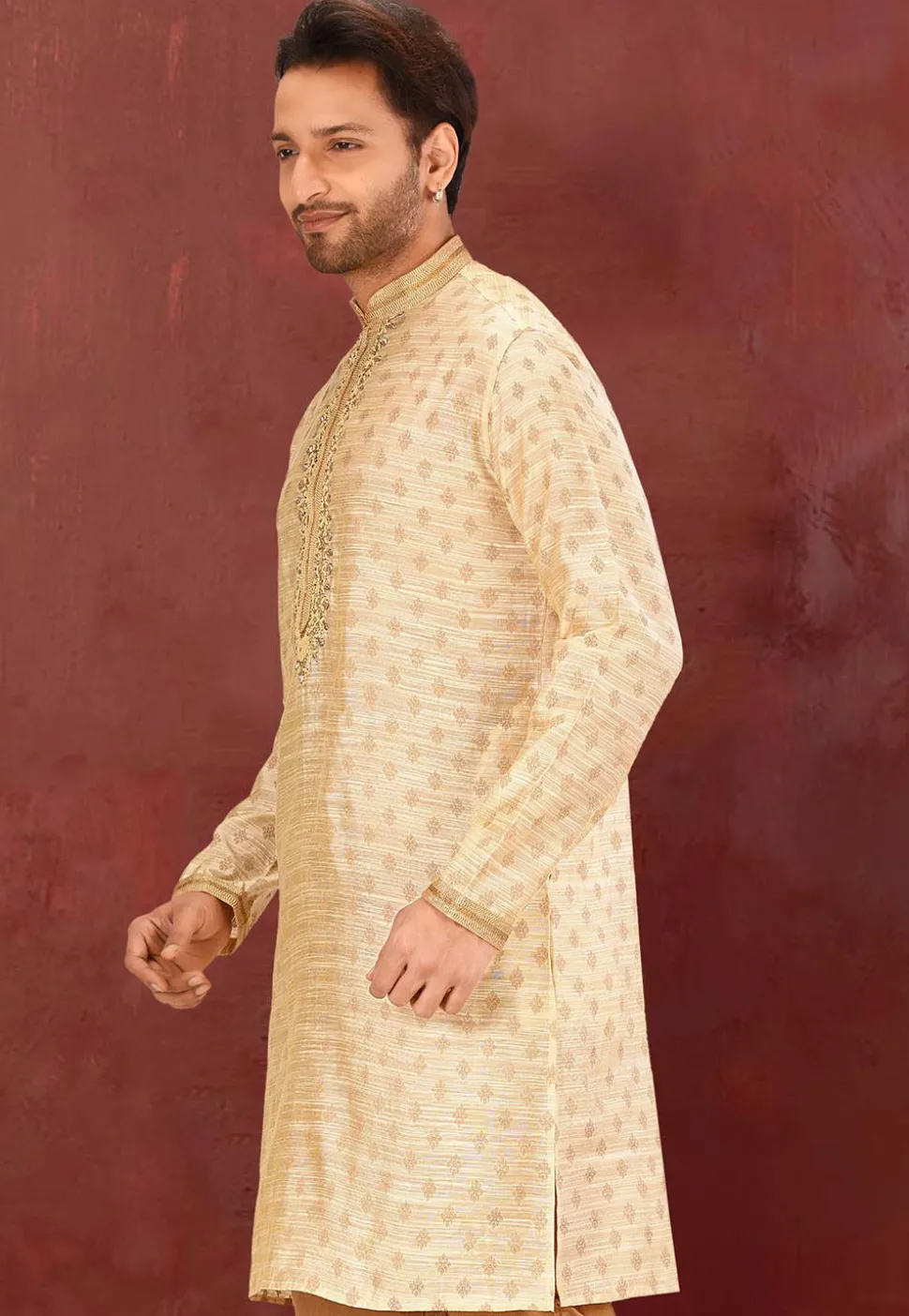 Hand Embroidered Art Silk Jacquard Kurta in Light Beige