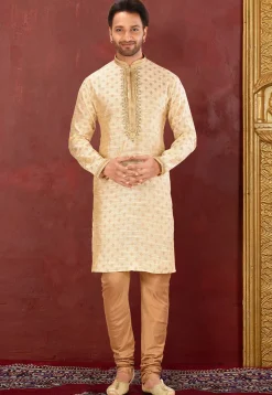 Hand Embroidered Art Silk Jacquard Kurta in Light Beige