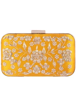 Hand Embroidered Art Silk Clutch Bag in Yellow